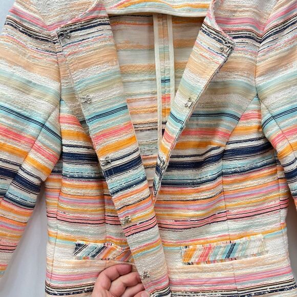 Trina Turk Women’s Size 6 Small Nani Stripe Woven Jacket Blazer Fringe Hem Neon - Picture 12 of 13